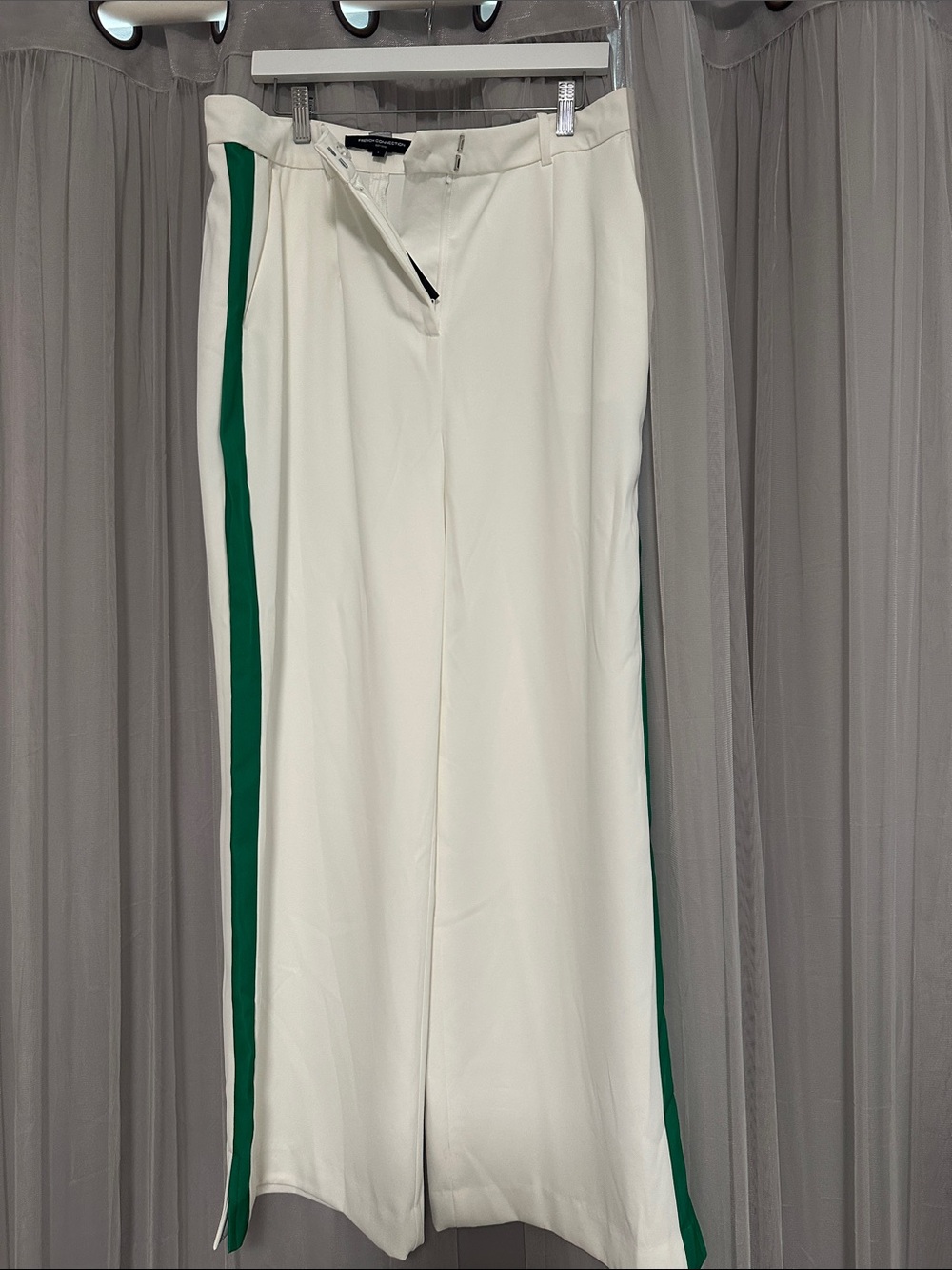 French Connection Cream Wide-Leg Pants with Green Side Stripes